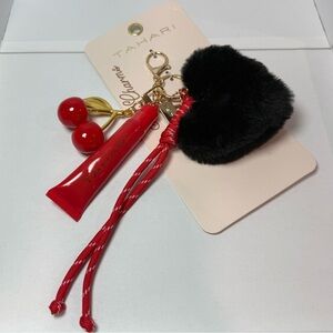 Tahari Cherry Kiss Lip Gloss Keychain Charm Faux Fur Pom Pom NWT